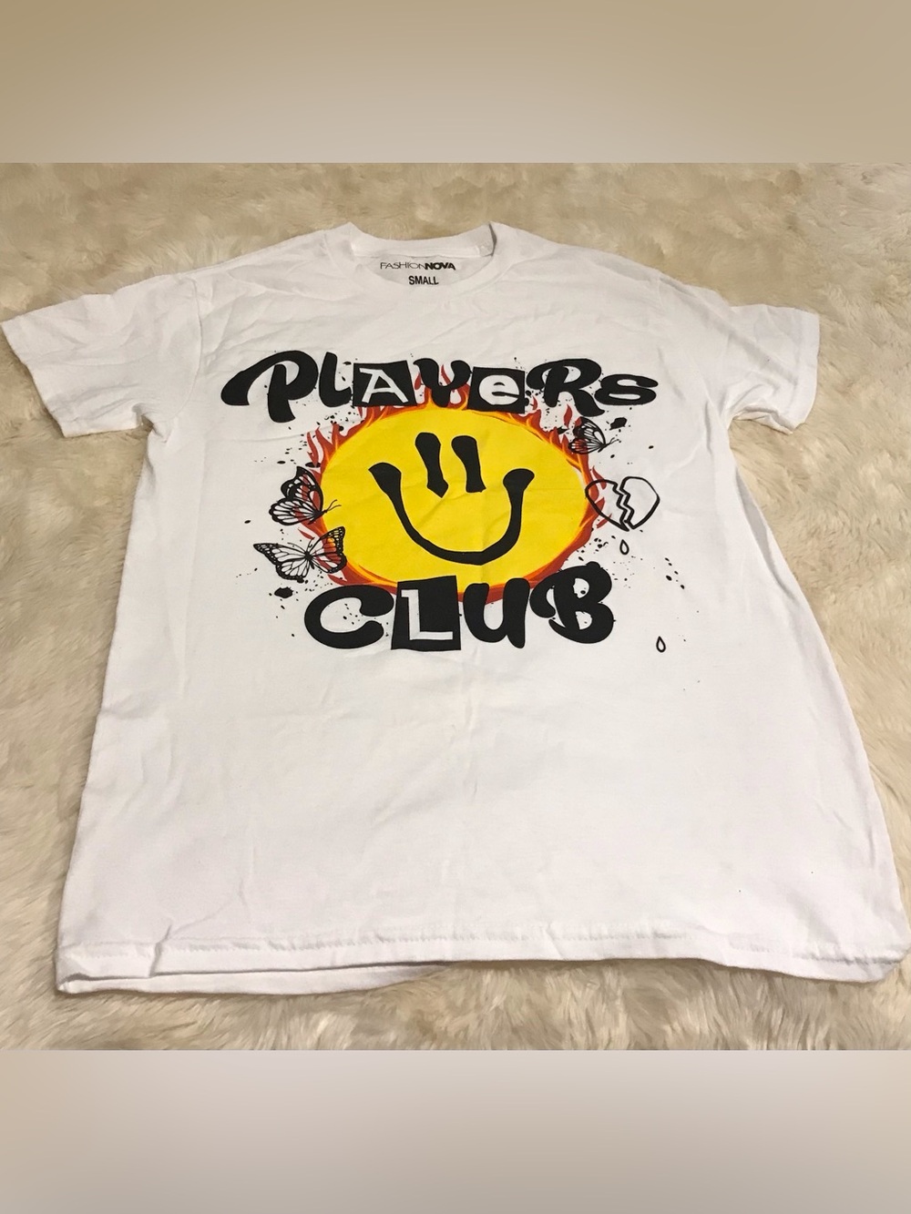 Fashion Nova White Graphic Tee with Yellow Flame Smiley  NWOT